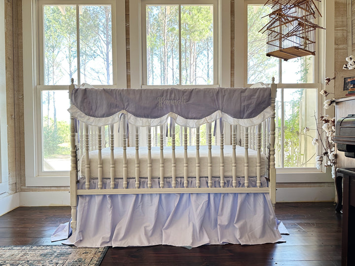 Lavender Scalloped Crib Rail Cover & Farmhouse Skirt Set | Personalized Baby Girl Nursery Bedding