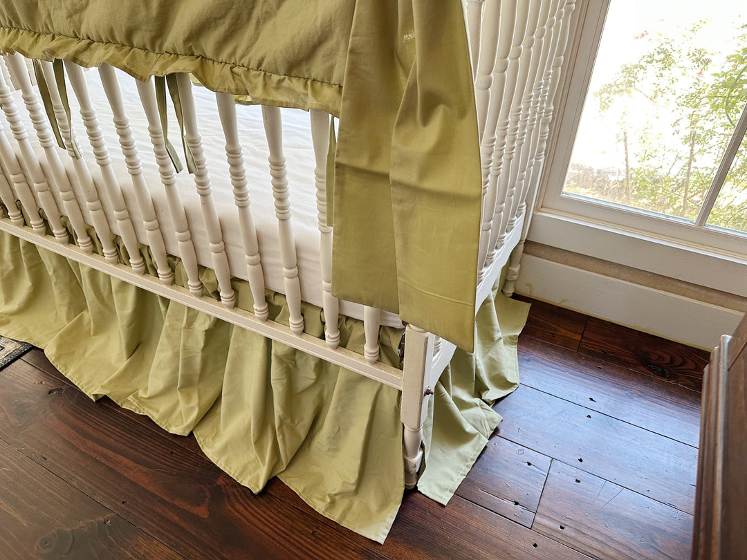 Sage Green Ruffled Crib Rail Cover, Farmhouse Skirt & Large Bow Set | Gender Neutral Baby Bedding