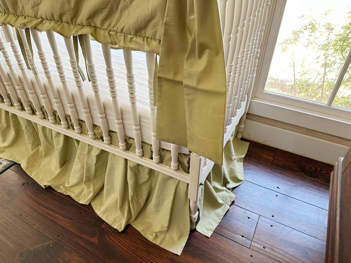 Sage Green Ruffled Crib Rail Cover, Farmhouse Skirt & Large Bow Set | Gender Neutral Baby Bedding