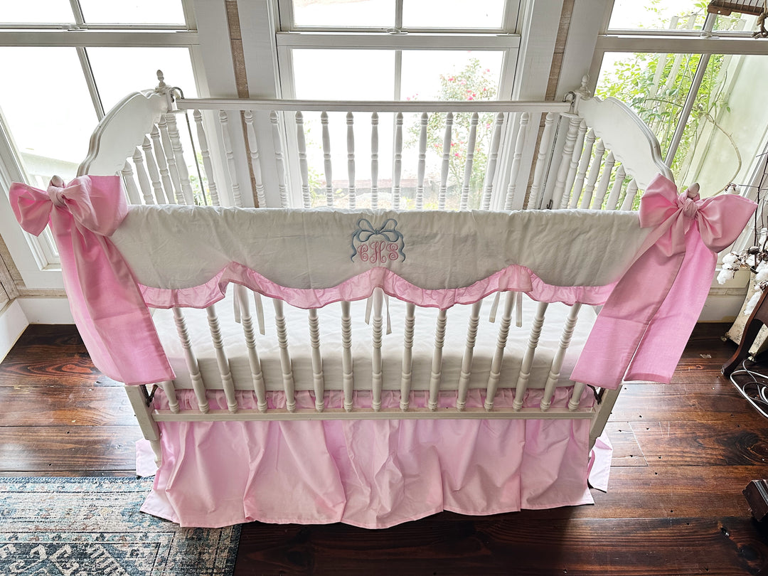 Baby Girl Crib Bedding Set – Cotton Candy Dreams Parfait Pink with Ruffled Crib Rail Cover, Crib Skirt and Bows | Monogram Option