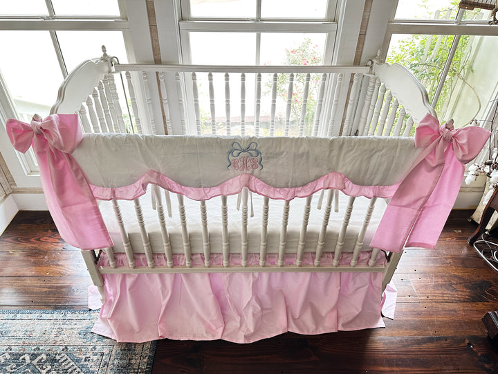 Baby Girl Crib Bedding Set – Cotton Candy Dreams Parfait Pink with Ruffled Crib Rail Cover, Crib Skirt and Bows | Monogram Option