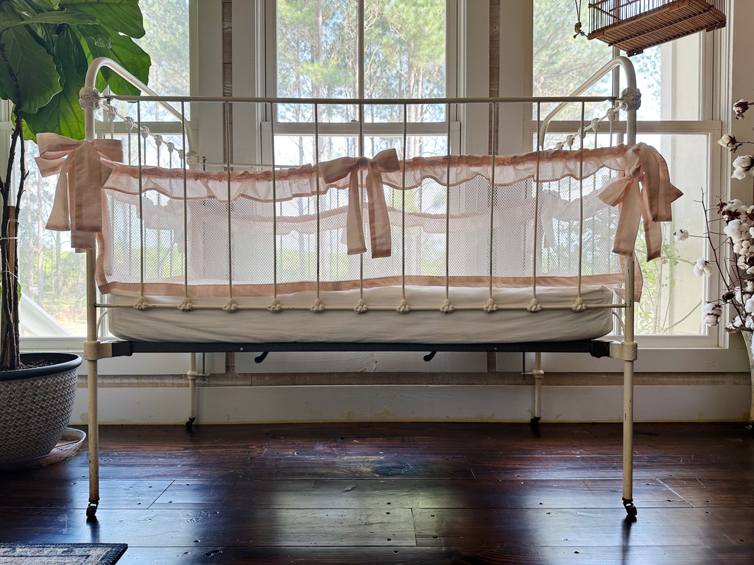 Farmhouse ruffled mesh crib liners in white with pink detail – breathable safe sleep baby bedding handmade in USA