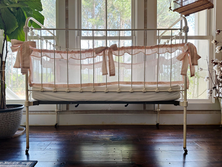 Farmhouse ruffled mesh crib liners in white with pink detail – breathable safe sleep baby bedding handmade in USA