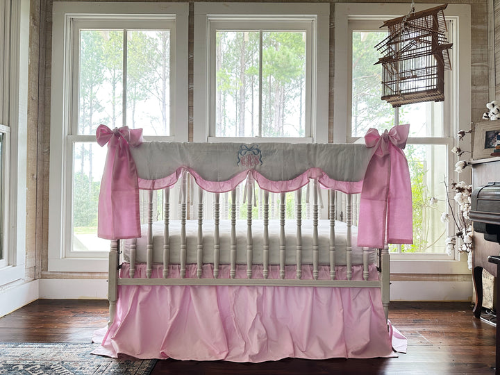 Baby Girl Crib Bedding Set – Cotton Candy Dreams Parfait Pink with Ruffled Crib Rail Cover, Crib Skirt and Bows | Monogram Option