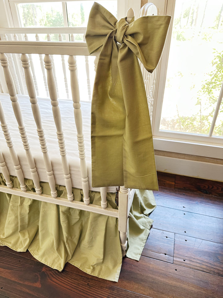 Sage Green Farmhouse Crib Bedding Set | 4-Sided Crib Skirt + 2 Large Crib Bows | Baby Boy, Baby Girl, Gender Neutral Nursery