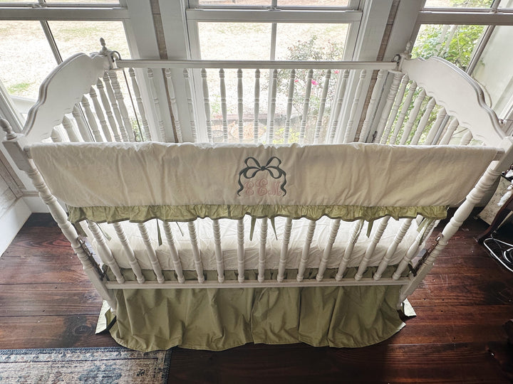 Sage Green & Ivory Crib Rail Cover + Crib Skirt Set