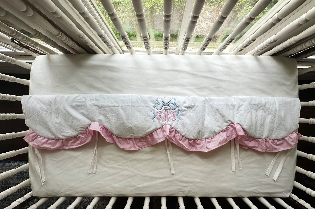 Baby Girl Crib Rail Cover – Cotton Candy Dreams Scalloped Parfait Pink Ruffle | Monogram Option