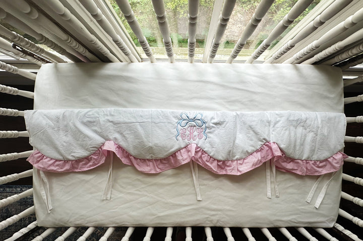 Baby Girl Crib Rail Cover – Cotton Candy Dreams Scalloped Parfait Pink Ruffle | Monogram Option