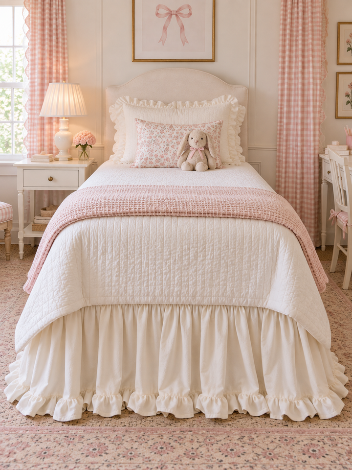 Straight on view of an ivory ruffled twin bed skirt across the full width of the bed - High Cotton Textile