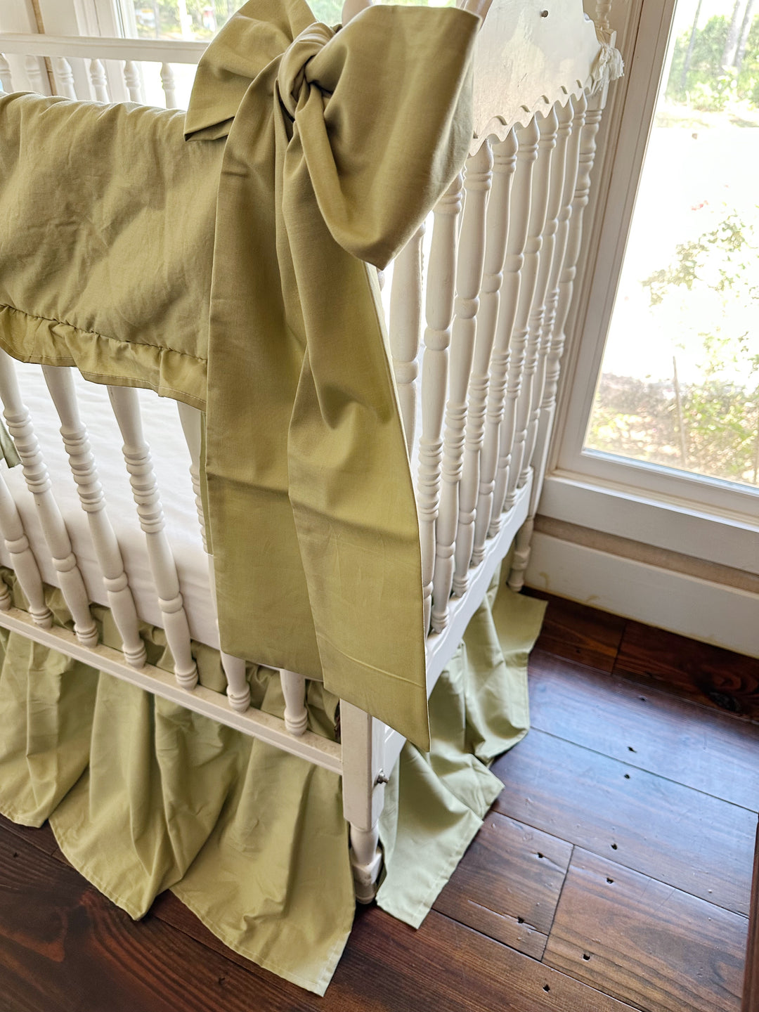 Sage Green Ruffled Crib Rail Cover, Farmhouse Skirt & Large Bow Set | Gender Neutral Baby Bedding