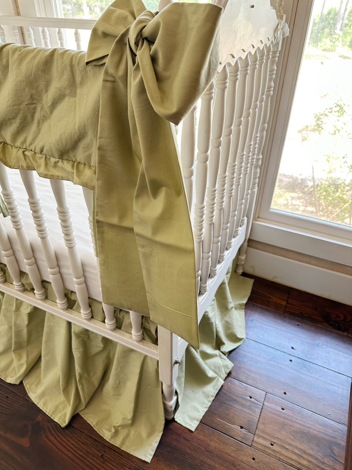 Sage Green Ruffled Crib Rail Cover, Farmhouse Skirt & Large Bow Set | Gender Neutral Baby Bedding