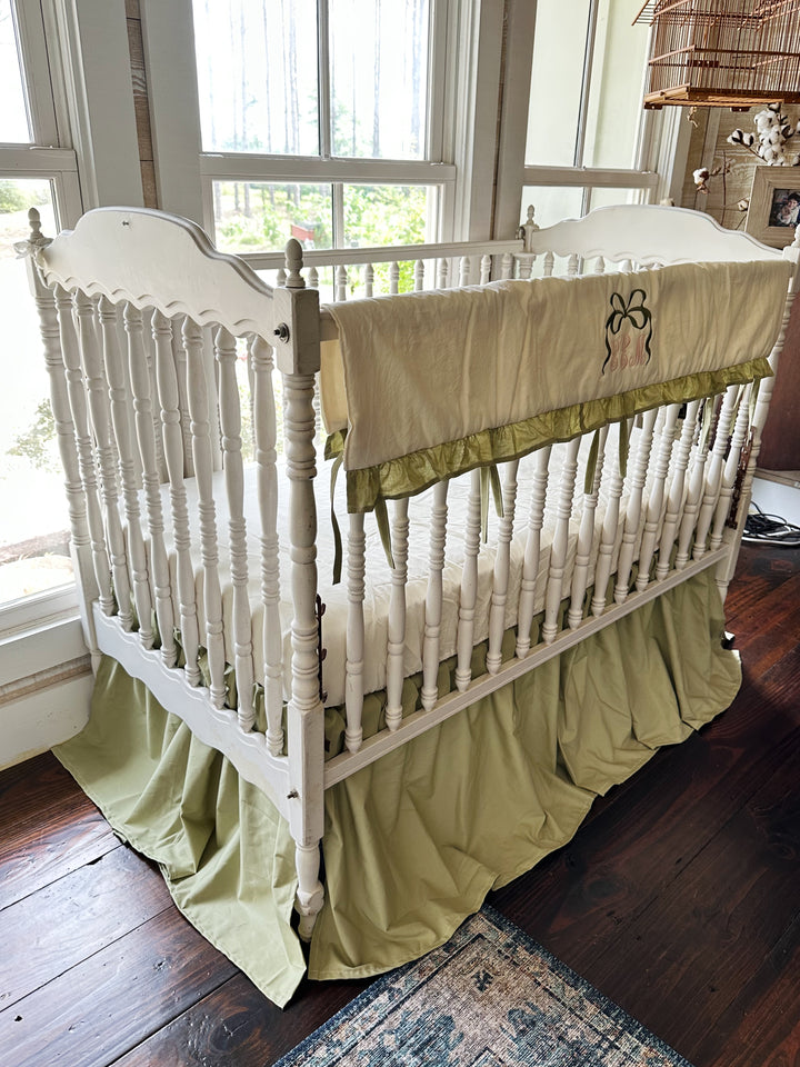 Sage Green & Ivory Crib Rail Cover + Crib Skirt Set