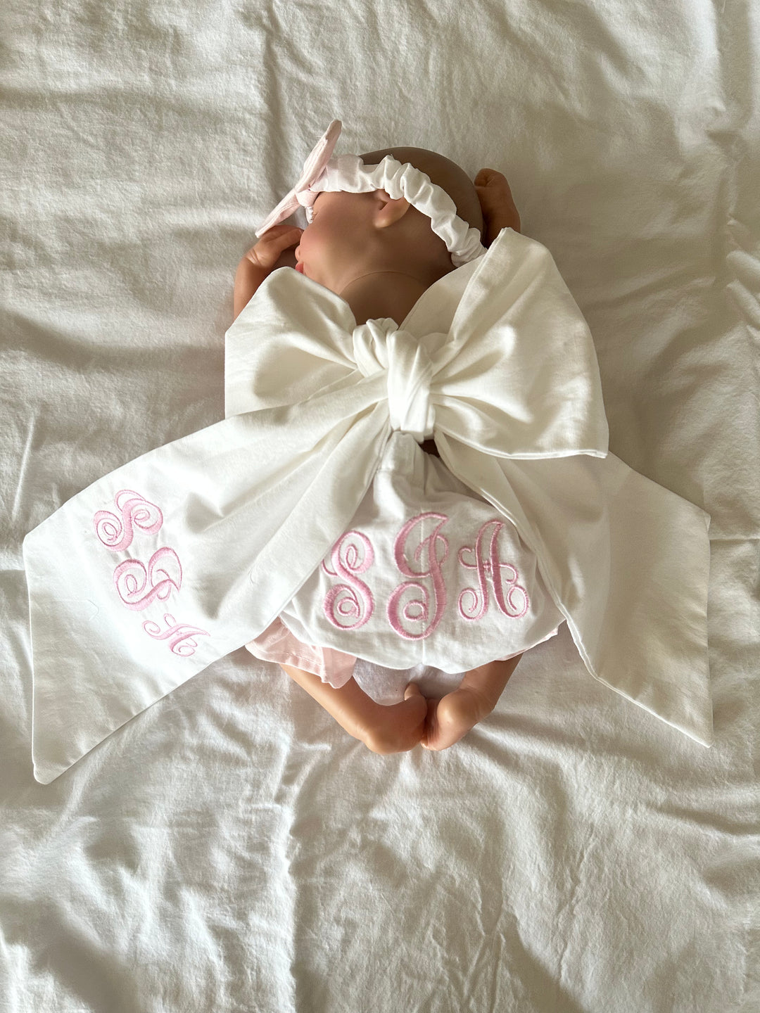 Personalized Newborn Photo Set | Ruffled Bloomers, Bow Sash & Headband