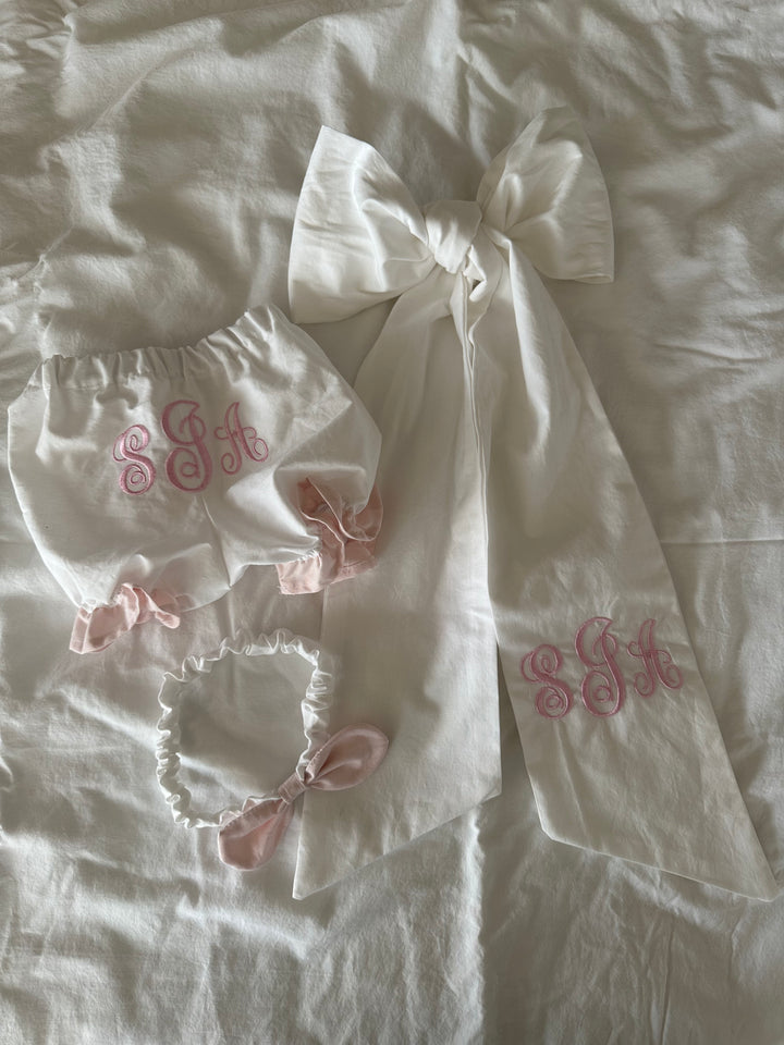 Personalized Newborn Photo Set | Ruffled Bloomers, Bow Sash & Headband
