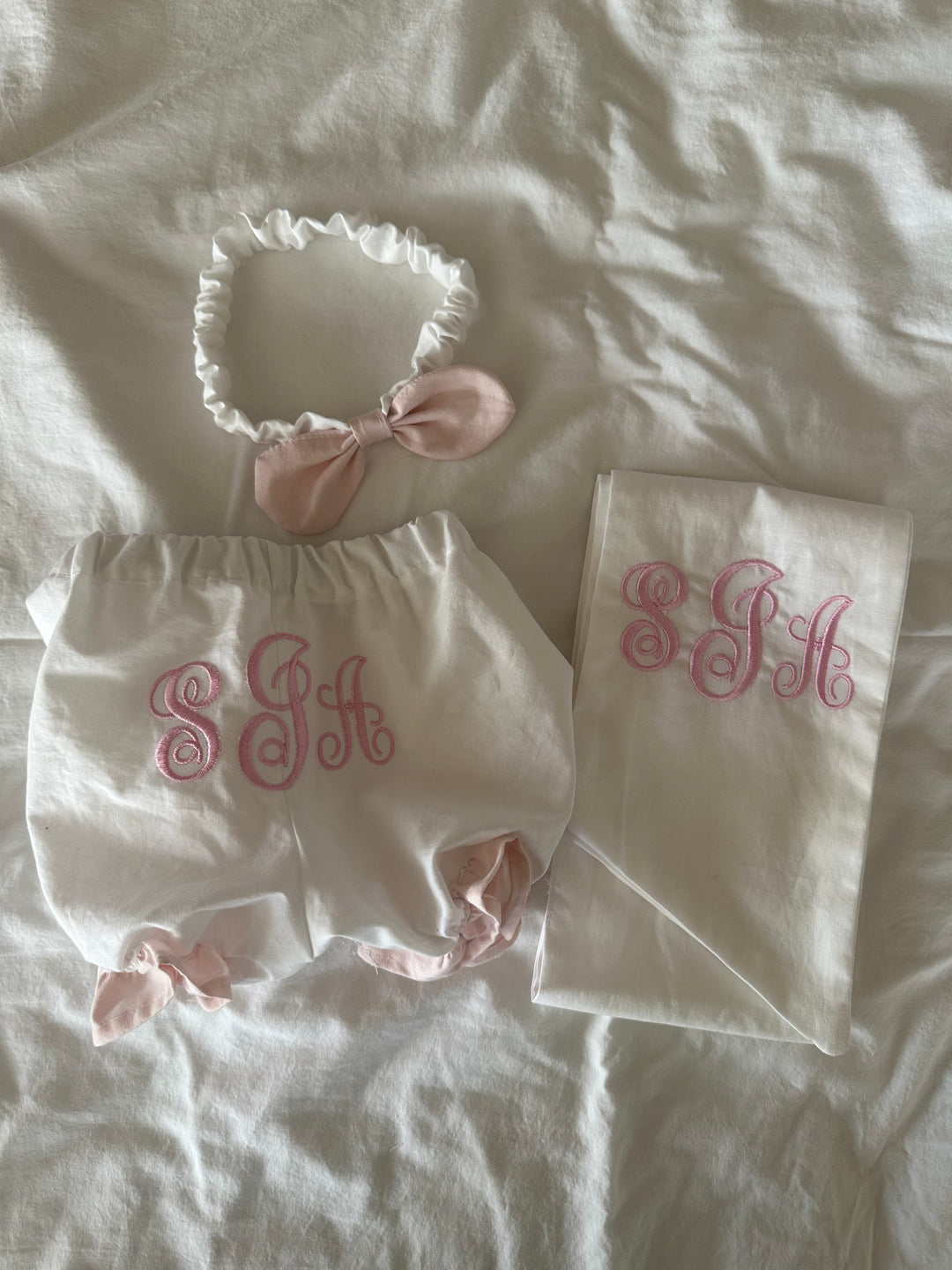 Personalized Newborn Photo Set | Ruffled Bloomers, Bow Sash & Headband