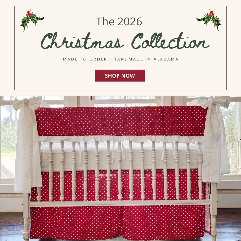 Christmas crib bedding - red and white polka dot rail cover, skirt and bows on a white spindle crib, handmade in Alabama