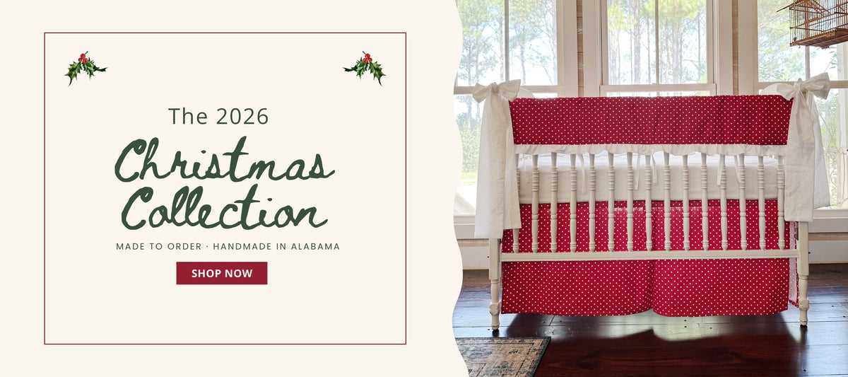 The 2026 Christmas Collection - red and white polka dot crib rail cover and crib skirt handmade in Alabama by High Cotton Textile