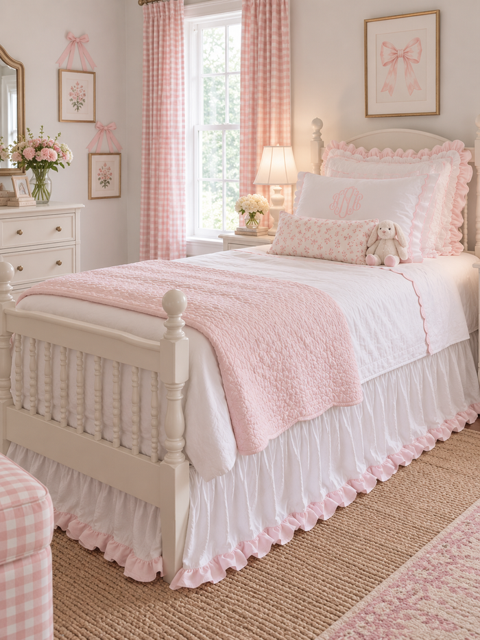 Twin bed dressed with a white ruffled bed skirt trimmed in baby pink, with pink gingham curtains behind - High Cotton Textile