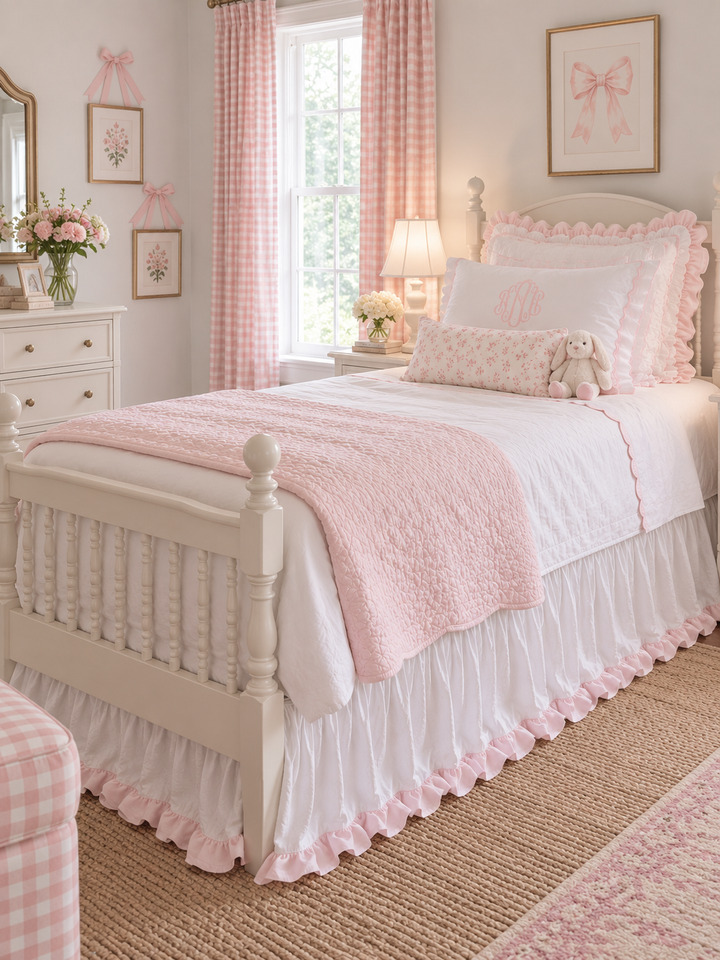 Twin bed dressed with a white ruffled bed skirt trimmed in baby pink, with pink gingham curtains behind - High Cotton Textile