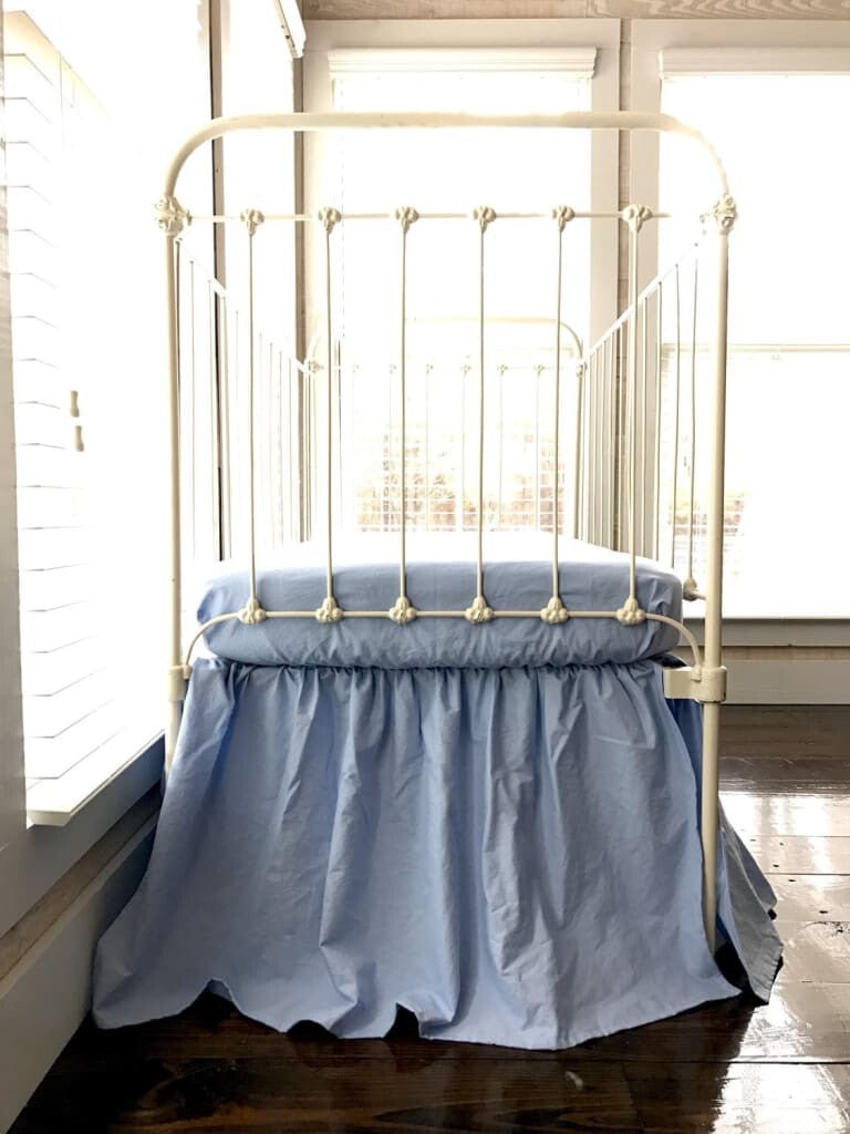 Baby Blue Farmhouse Crib Skirt for Boys handmade heirloom nursery - High Cotton Textile
