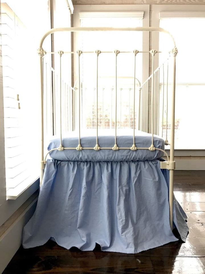 Baby Blue Farmhouse Crib Skirt for Boys handmade heirloom nursery - High Cotton Textile