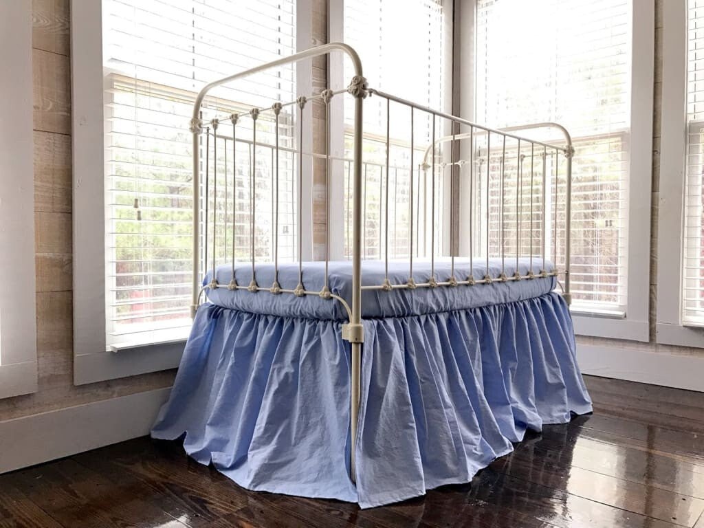 Baby Blue Farmhouse Crib Skirt for Boys handmade heirloom nursery - High Cotton Textile