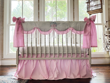 Baby Girl Crib Bedding Set – Cotton Candy Dreams Parfait Pink with Ruffled Crib Rail Cover, Crib Skirt and Bows | Monogram Option handmade heirloom nursery - High Cotton Textile