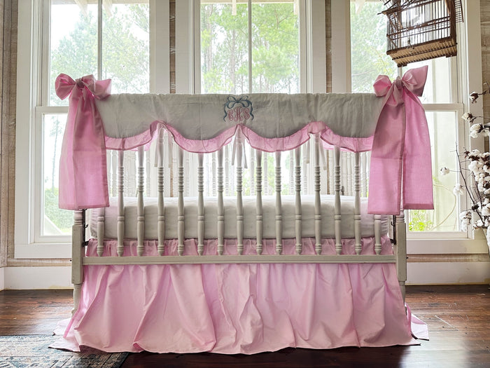 Baby Girl Crib Bedding Set – Cotton Candy Dreams Parfait Pink with Ruffled Crib Rail Cover, Crib Skirt and Bows | Monogram Option handmade heirloom nursery - High Cotton Textile