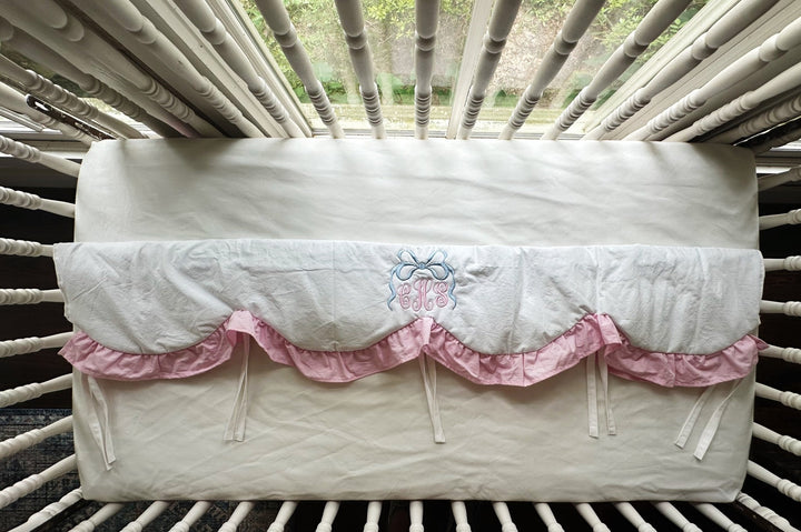 Baby Girl Crib Rail Cover – Cotton Candy Dreams Scalloped Parfait Pink Ruffle | Monogram Option handmade heirloom nursery - High Cotton Textile