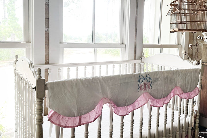Baby Girl Crib Rail Cover – Cotton Candy Dreams Scalloped Parfait Pink Ruffle | Monogram Option handmade heirloom nursery - High Cotton Textile