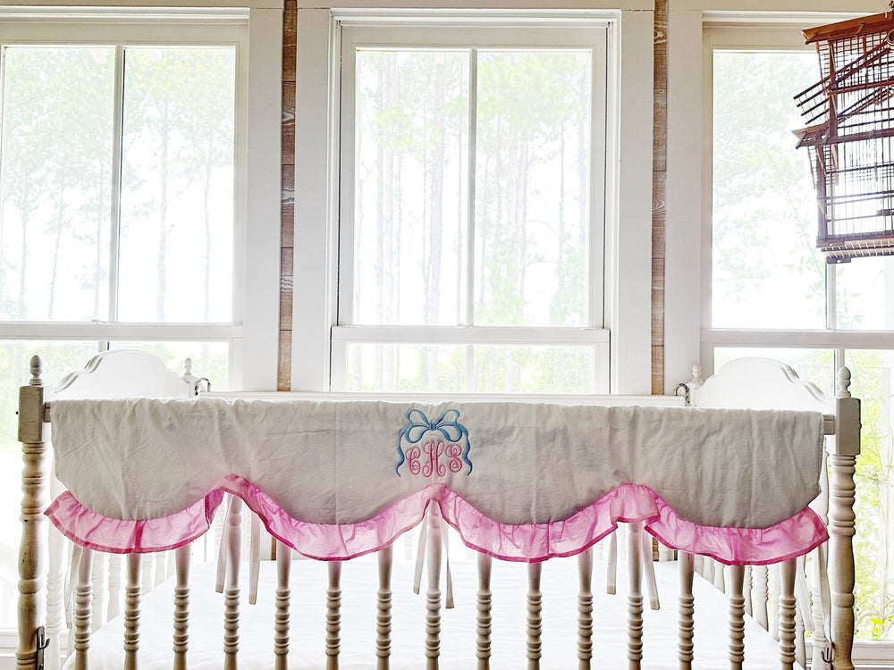 Baby Girl Crib Rail Cover – Cotton Candy Dreams Scalloped Parfait Pink Ruffle | Monogram Option handmade heirloom nursery - High Cotton Textile