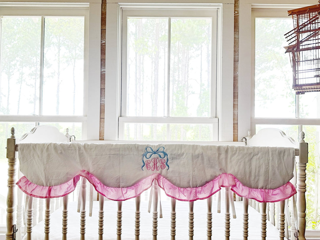 Baby Girl Crib Rail Cover – Cotton Candy Dreams Scalloped Parfait Pink Ruffle | Monogram Option handmade heirloom nursery - High Cotton Textile