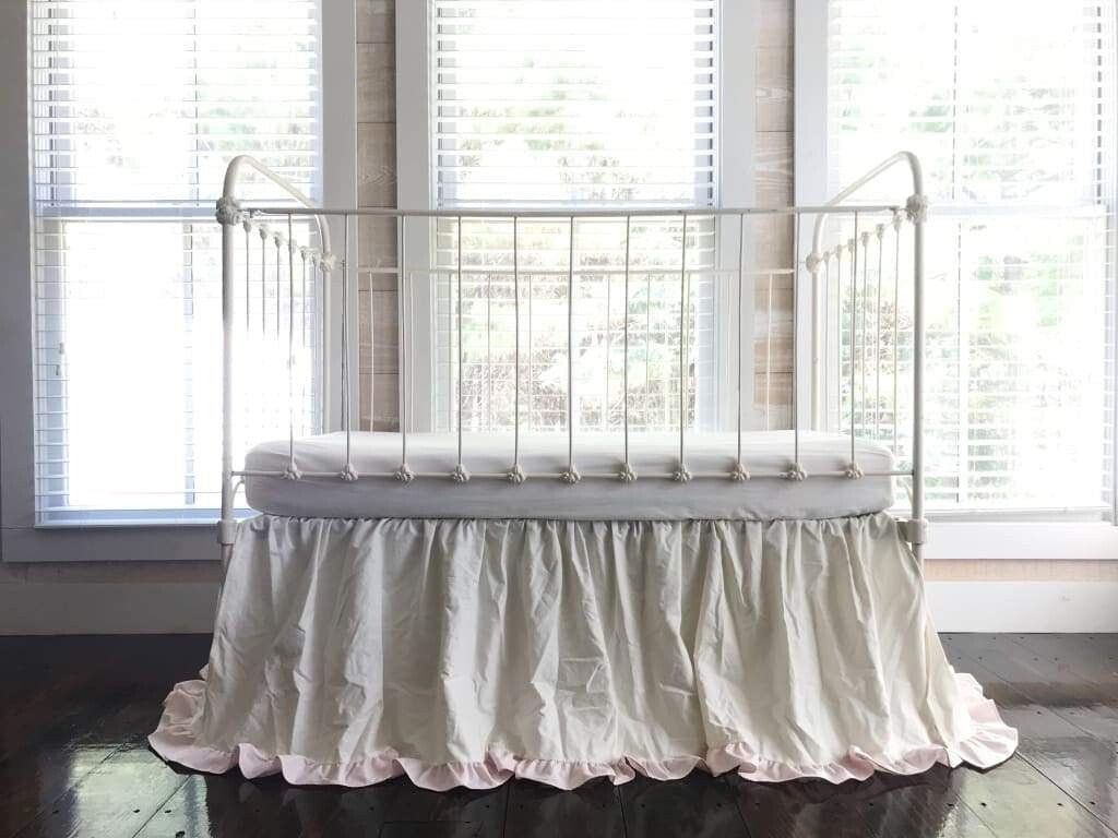 Baby Girl Crib Skirt in Porcelain and Baby Pink handmade heirloom nursery - High Cotton Textile