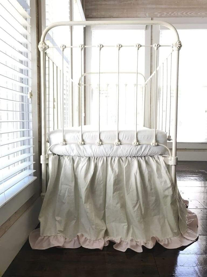 Baby Girl Crib Skirt in Porcelain and Baby Pink handmade heirloom nursery - High Cotton Textile