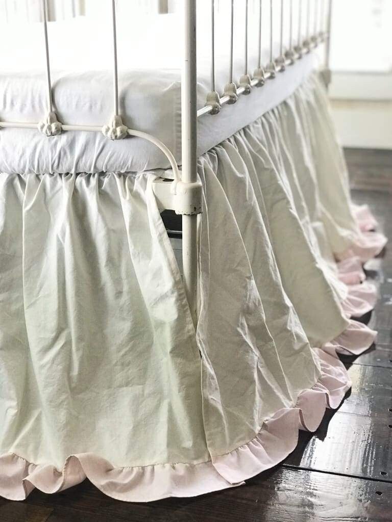 Baby Girl Crib Skirt in Porcelain and Baby Pink handmade heirloom nursery - High Cotton Textile