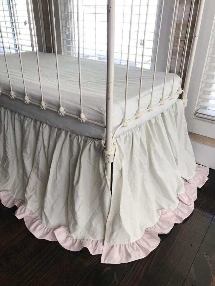 Baby Girl Crib Skirt in Porcelain and Baby Pink handmade heirloom nursery - High Cotton Textile