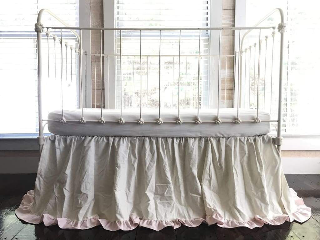 Baby Girl Crib Skirt in Porcelain and Baby Pink handmade heirloom nursery - High Cotton Textile