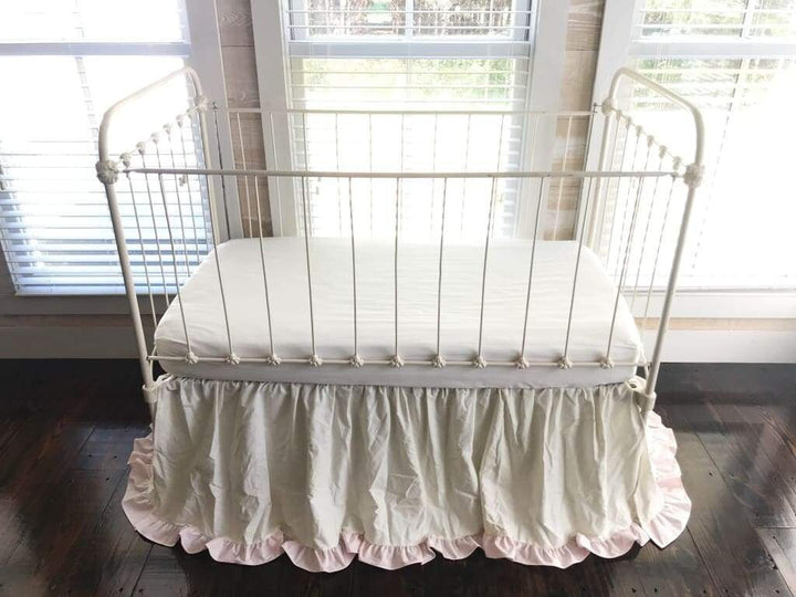 Baby Girl Crib Skirt in Porcelain and Baby Pink handmade heirloom nursery - High Cotton Textile