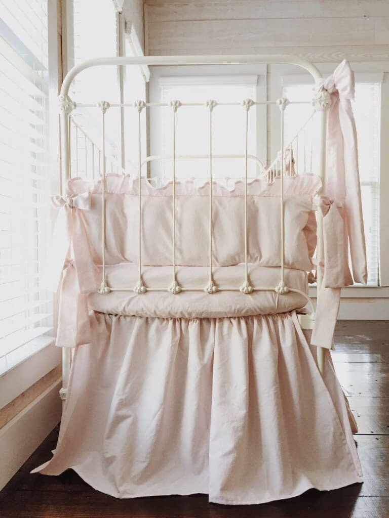 Baby Girl Pink Farmhouse Crib Bedding Set and Large Crib Bows - High Cotton Textile 