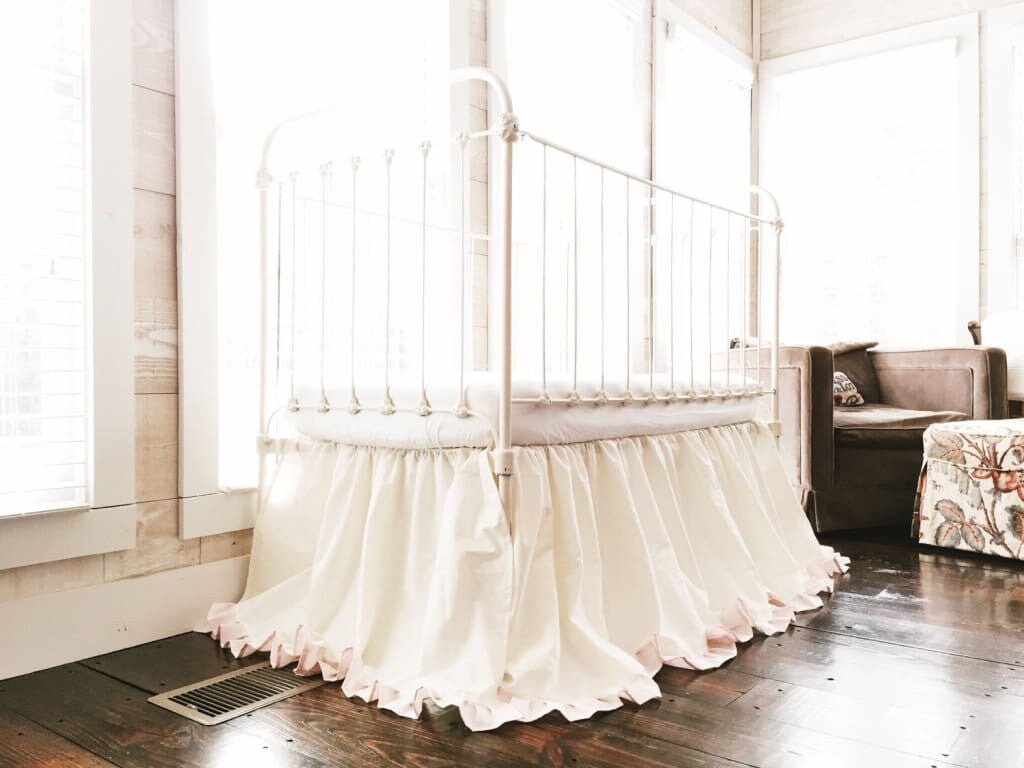 Baby Girl Ruffled Crib Skirt in Ivory and Baby Pink handmade heirloom nursery - High Cotton Textile