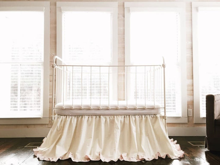 Baby Girl Ruffled Crib Skirt in Ivory and Baby Pink handmade heirloom nursery - High Cotton Textile