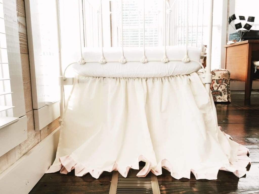 Baby Girl Ruffled Crib Skirt in Ivory and Baby Pink handmade heirloom nursery - High Cotton Textile