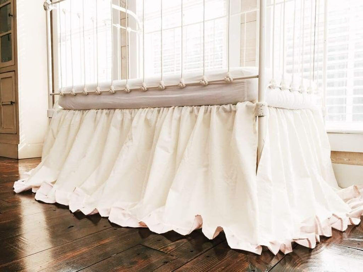 Baby Girl Ruffled Crib Skirt in Ivory and Baby Pink handmade heirloom nursery - High Cotton Textile