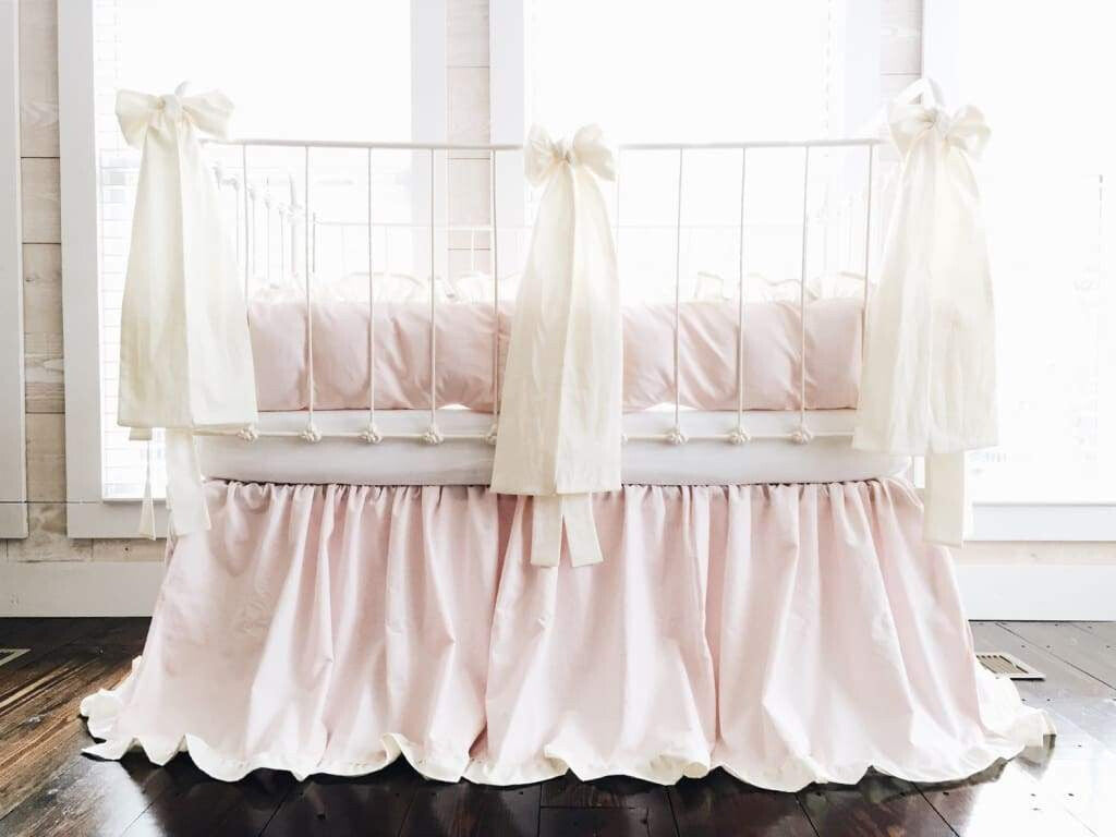 Baby Pink and Ivory Ruffled Crib Bedding Set and Large Crib Bows - High Cotton Textile 