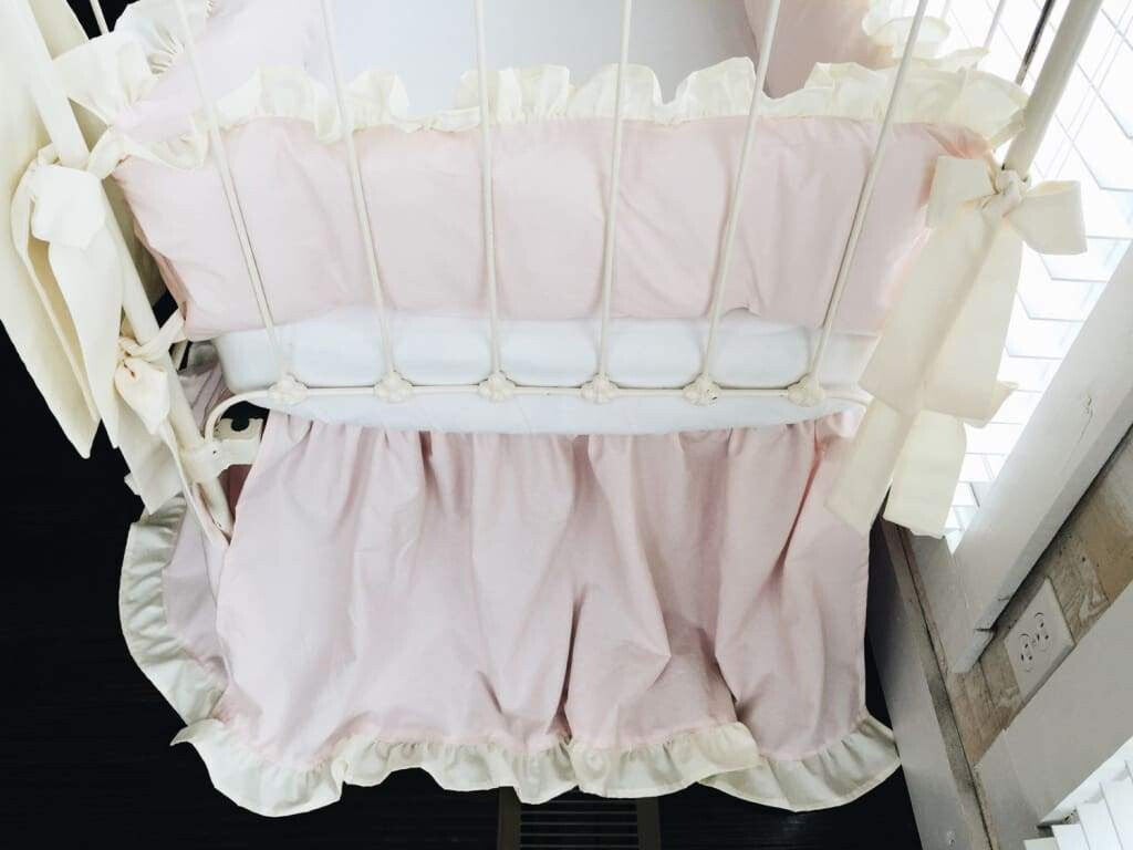 Baby Pink and Ivory Ruffled Crib Bedding Set and Large Crib Bows - High Cotton Textile 