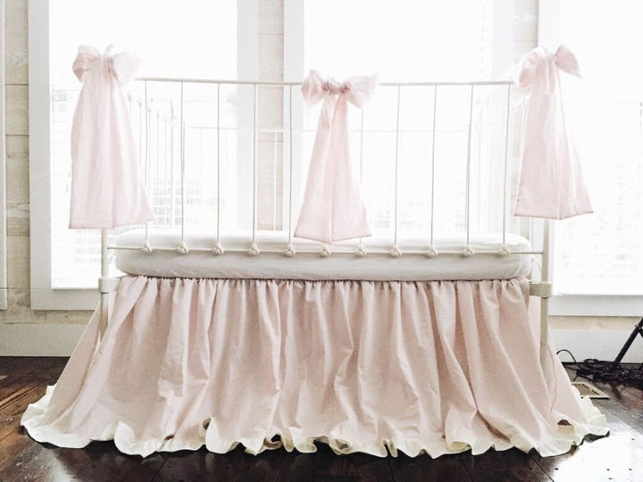 Baby Pink and Ivory Ruffled Crib Skirt and Large Crib Bows handmade heirloom nursery - High Cotton Textile