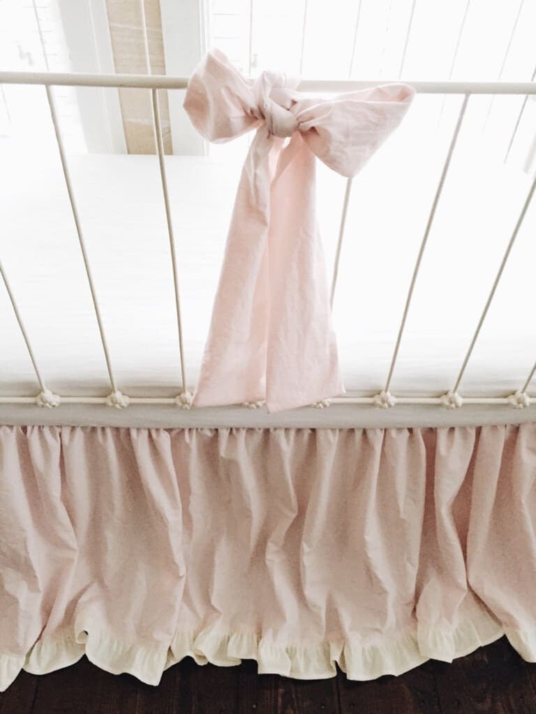 Baby Pink and Ivory Ruffled Crib Skirt and Large Crib Bows handmade heirloom nursery - High Cotton Textile