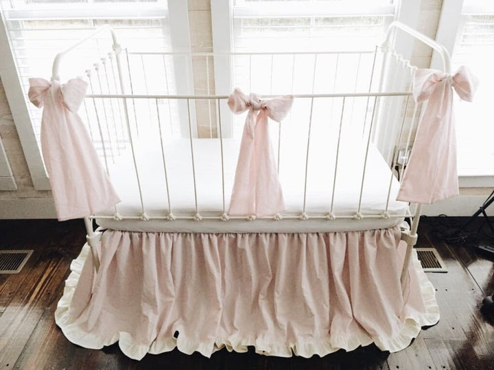 Baby Pink and Ivory Ruffled Crib Skirt and Large Crib Bows handmade heirloom nursery - High Cotton Textile