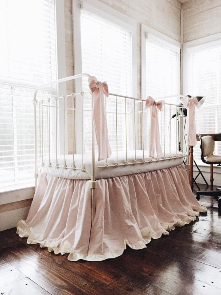 Baby Pink and Ivory Ruffled Crib Skirt and Large Crib Bows handmade heirloom nursery - High Cotton Textile