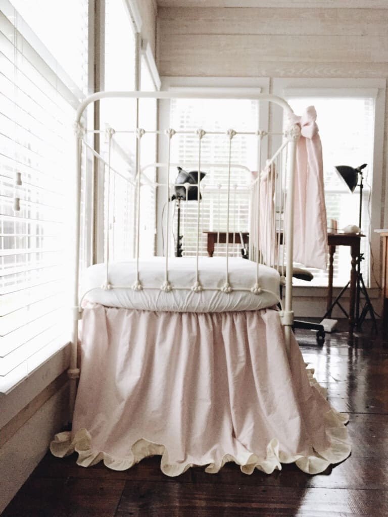 Baby Pink and Ivory Ruffled Crib Skirt and Large Crib Bows handmade heirloom nursery - High Cotton Textile